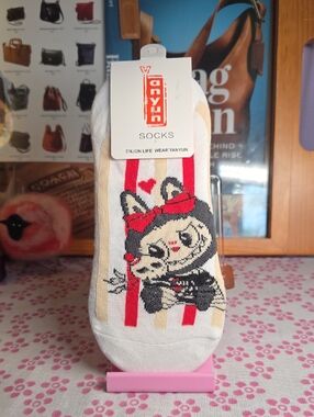 Women's White Monster No-Show Socks with Red Accent